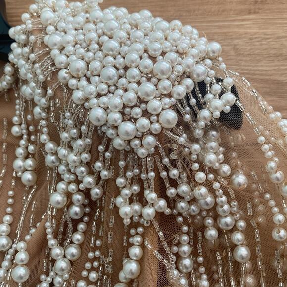 NWOT Patbo FULLY BEADED PEARL CUT-OUT Long Sleeve illusion COCKTAIL DRESS sz 2 - Picture 8 of 9